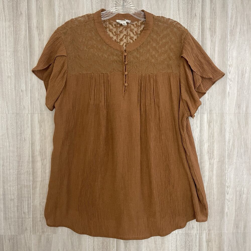 Perch By Blu Pepper Top Size 3XL Rust Sheer Lace Crochet Henley Flutter Sleeve